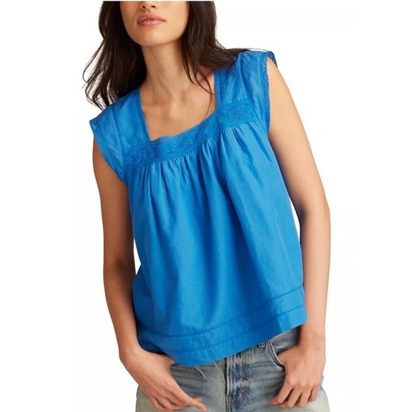 Lucky Brand Tops - Lucky Brand Womens Large Blue Cotton Crochet Lace Trim Tank Top Blouse